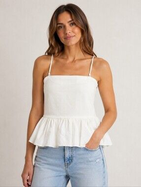 New $40 AND NOW THIS Ribbed Crisp White Flounce Bubble Hem Tank Top L Peplum NWT
